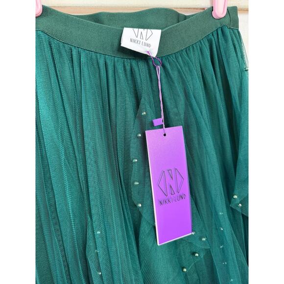 Nikki Lund Green Midi Skirt Tulle Pearls Sz XS Perf For Holiday Party - Picture 4 of 6